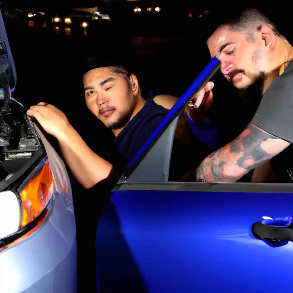 A mechanic assisting a driver at night.