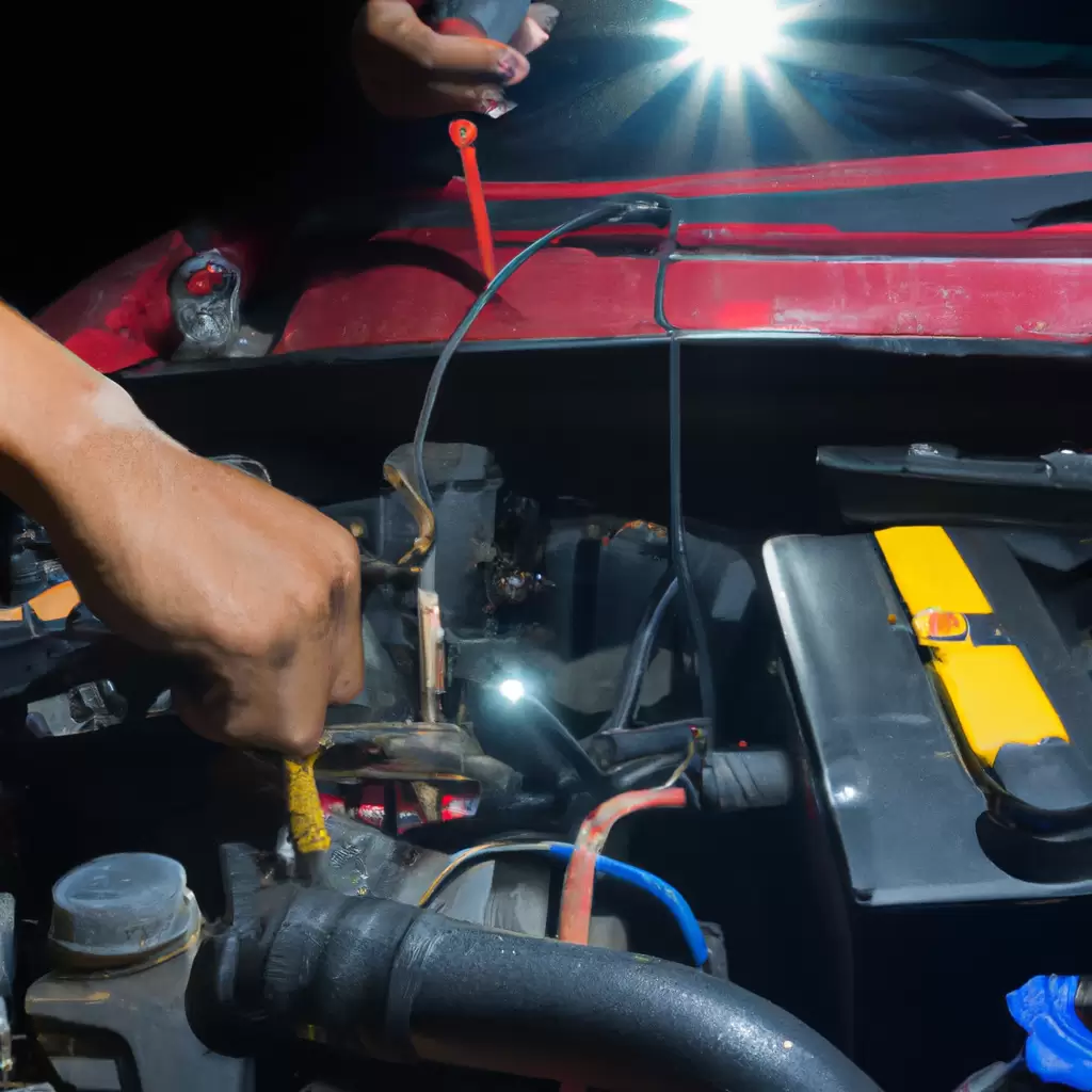 A technician jump-starting a car at night.