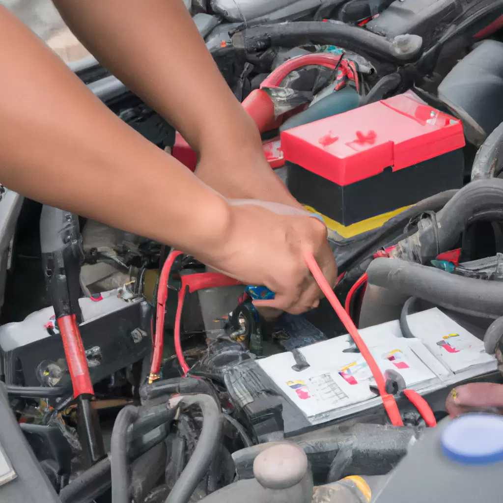Professional technician jump-starting a car.