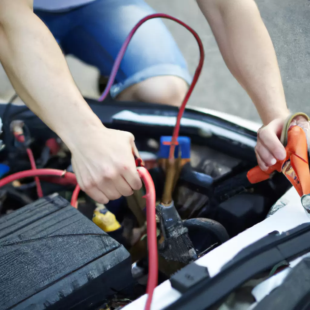 Technician jump-starting car on roadside.